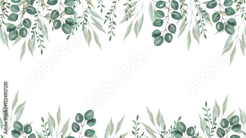 Wallpaper Mural Frame with watercolor illustrations of various herbs. Frame with hand-drawn green branches of herbs. Perfect for wedding, birthday, seasonal holidays. Torontodigital.ca