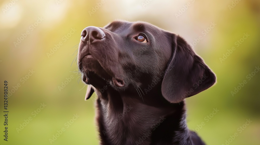 A close-up portrait of a black Labrador Retriever looking up attentively, with a blurred green nature background.