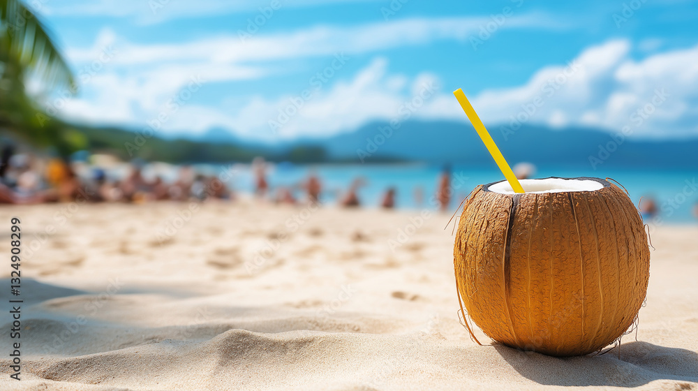 A coconut drink with a straw resting on golden sand at a tropical beach, with mountains and people in the background. A coconut drink with a straw resting on golden sand at a tropical beach, with mountains and people in the background.