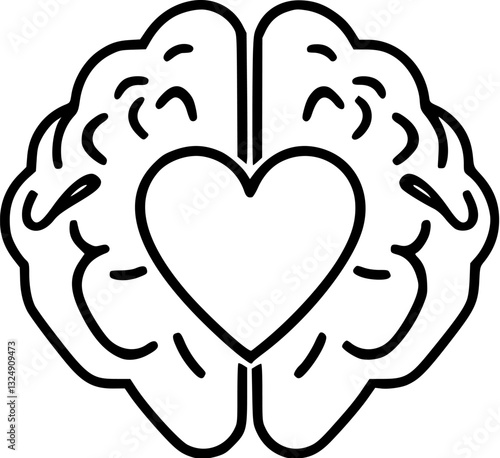 Outline illustration of a brain and heart combined minimal mental health vector design.