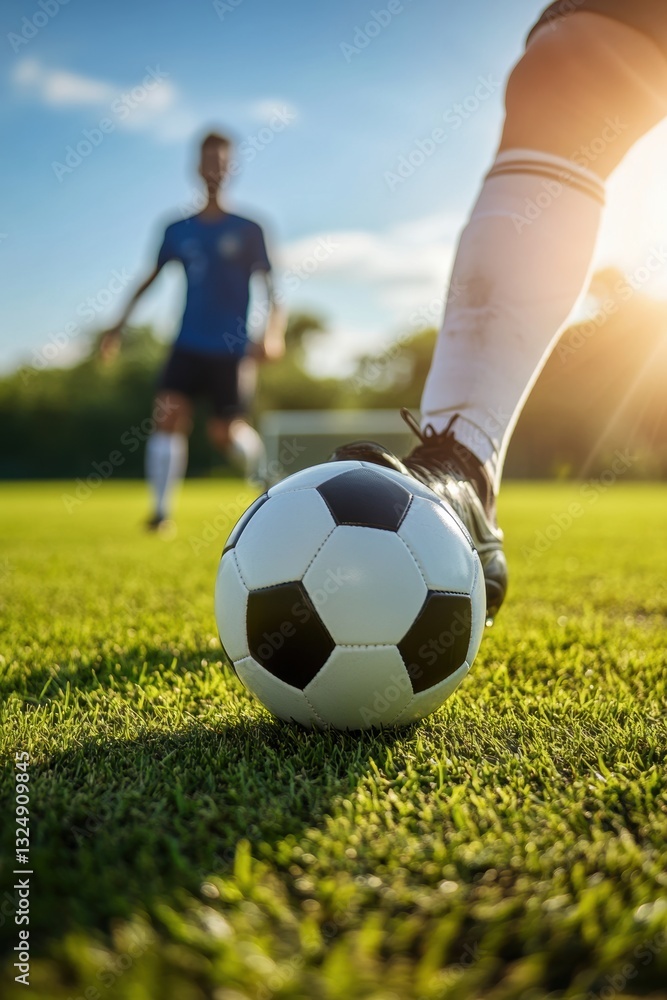Fototapeta premium People playing soccer game in field.