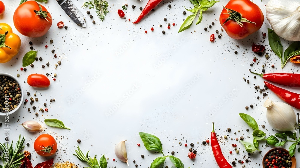Fresh Vegetables and Herbs Frame isolated on white background