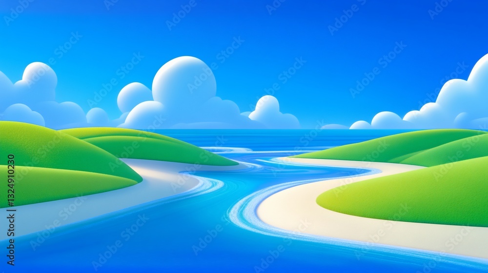 Obraz premium Idyllic river flows through green hills, sunny sky