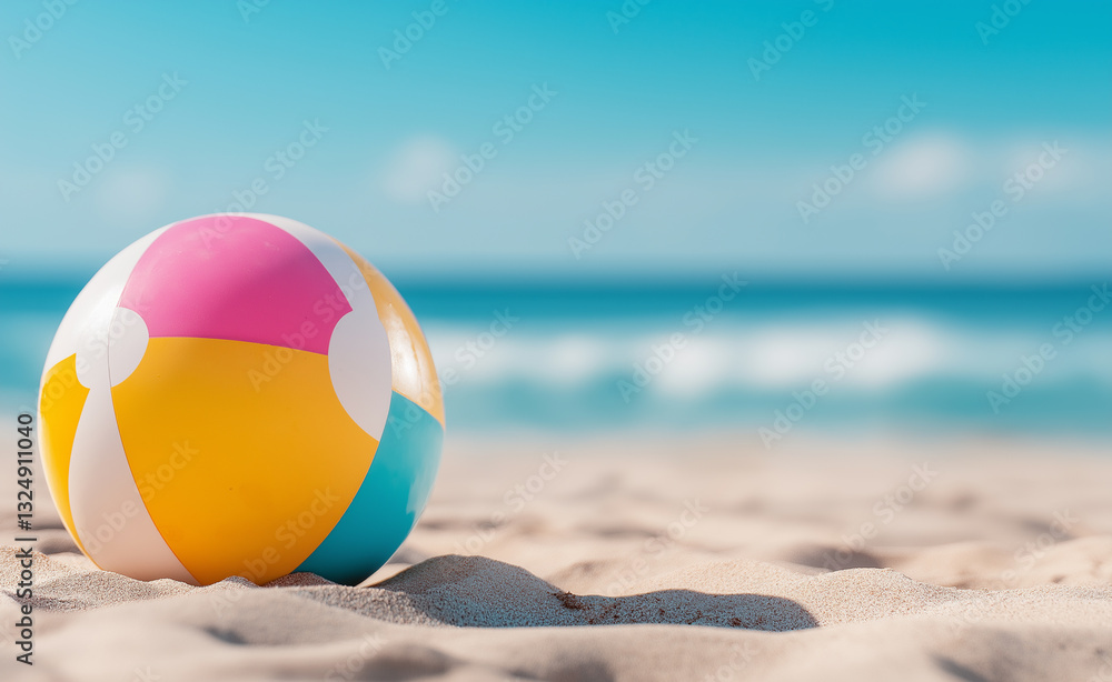 A bright orange and white beach ball resting on soft sand with the ocean and clear blue sky in the background. A bright orange and white beach ball resting on soft sand with the ocean and clear blue sky in the background.