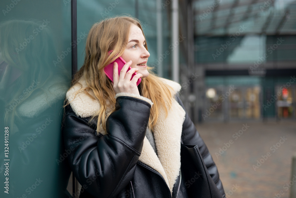Happy 30s woman talking phone and look happy outdoors. Urban lifestyle concept. Winter time. Beautiful blonde curly woman walking on the modern city street.