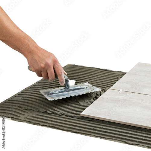 Hands applying tile adhesive with a notched trowel on a transparent background.