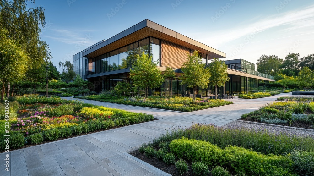 Fototapeta premium Beautifully landscaped garden with vibrant flowers and modern architecture in a serene outdoor setting during sunny weather