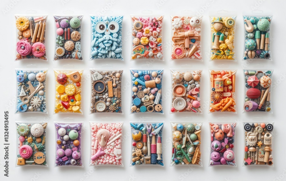 Fototapeta premium Assorted Craft Supplies in Clear Bags Variety of Colorful Small Items