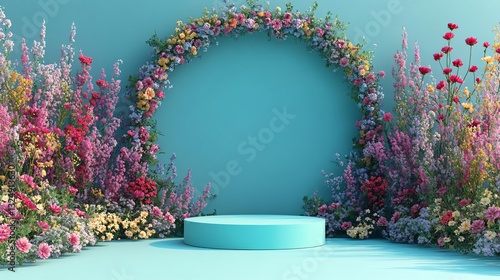 display stand with spring flowers on blue wall
