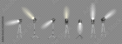 Spotlights set, stage and studio light, realistic hanging lamps. Spot lights and searchlights for concert. Vector