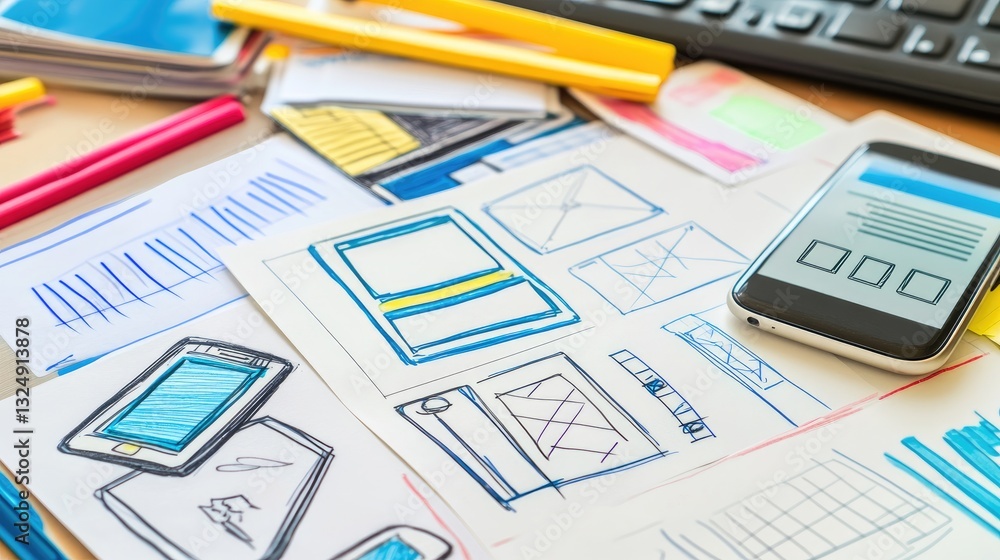 Close-up of mobile app wireframes drawn on a notebook, with smartphone and UI design sketches on desk. Close-up of mobile app wireframes drawn on a notebook, with smartphone and UI design sketches on desk.