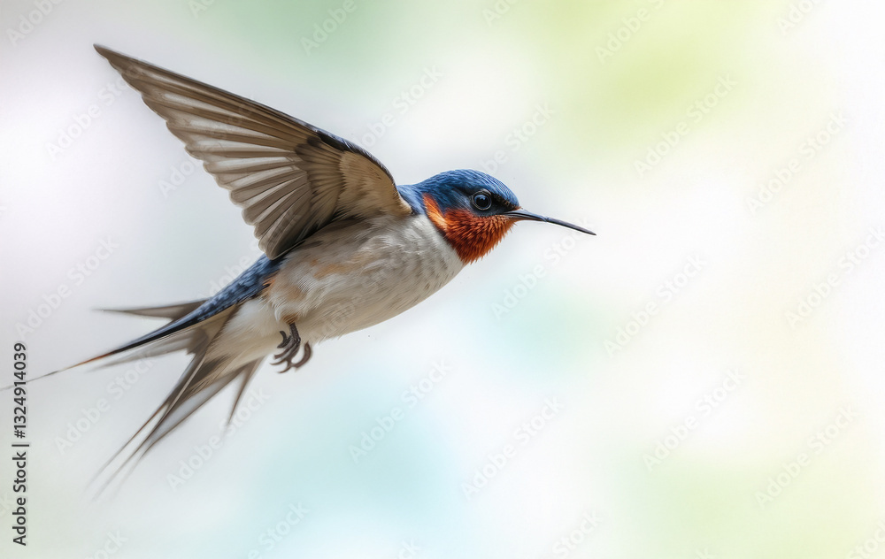 Fototapeta premium Barn Swallow Flying in Natural Habitat with Blurred Background