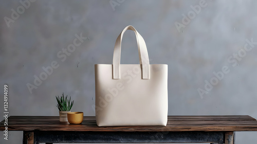 Neutral White Leather Tote Bag Displayed On A Rustic Wooden Table Against A Textured Gray Background