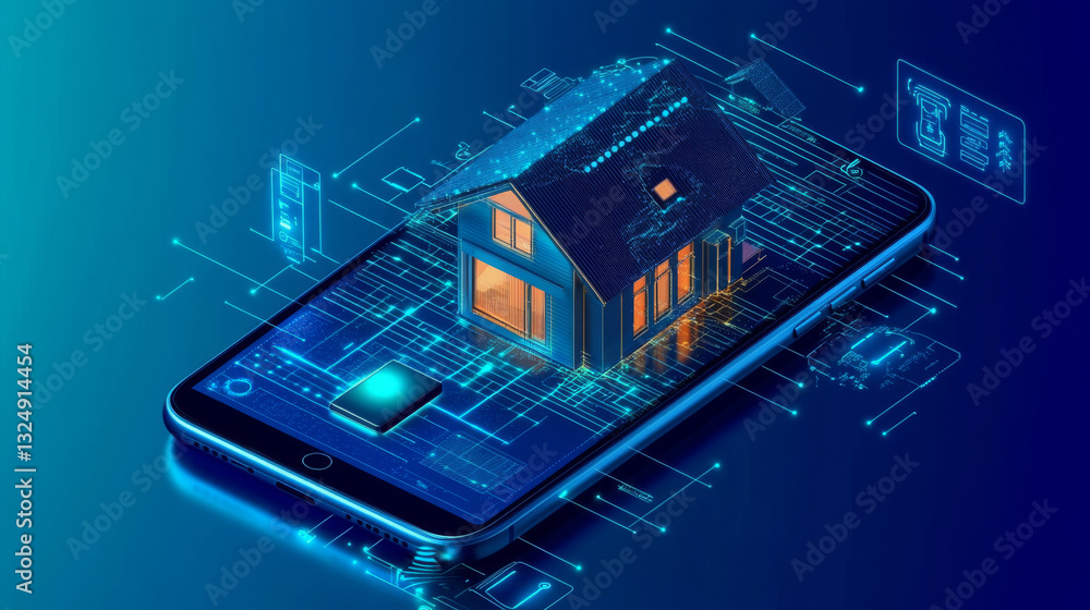 Smart home controlled smartphone. Internet of things technology of home automation system. Small house standing on screen mobile phone and wireless connections with icons home electronics devices. iot Smart home controlled smartphone. Internet of things technology of home automation system. Small house standing on screen mobile phone and wireless connections with icons home electronics devices. iot