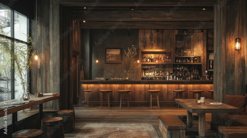 Earth-toned minimalist interior with reclaimed wood furniture, soft lighting Earth-toned minimalist interior with reclaimed wood furniture, soft lighting