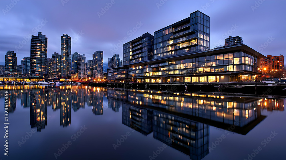 Obraz premium City Skyline Reflection Over Calm Water At Night With Illuminated Buildings Under Dark Cloudy Sky