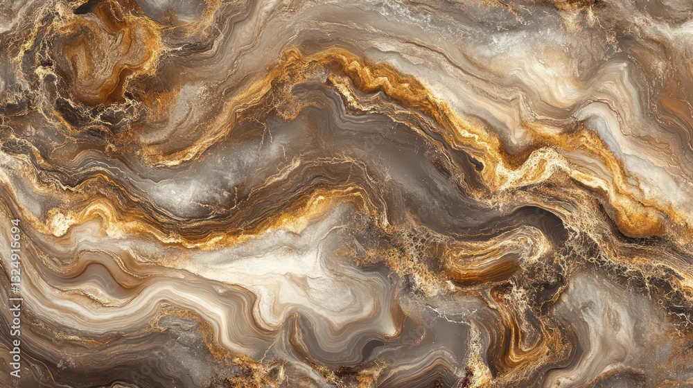 Fototapeta premium Swirling abstract pattern in shades of brown and gold, resembling liquid marble or flowing lava. Creates a dynamic, luxurious, and visually rich texture. Suitable for backgrounds, wallpapers