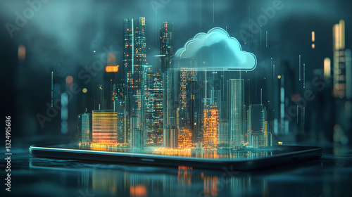 Smart city on screen smart phone. Modern future skyscrapers communications with cloud storage. Digital cloud hanging over smart city on touchscreen smartphone. Cloud computing. IOT. internet of things