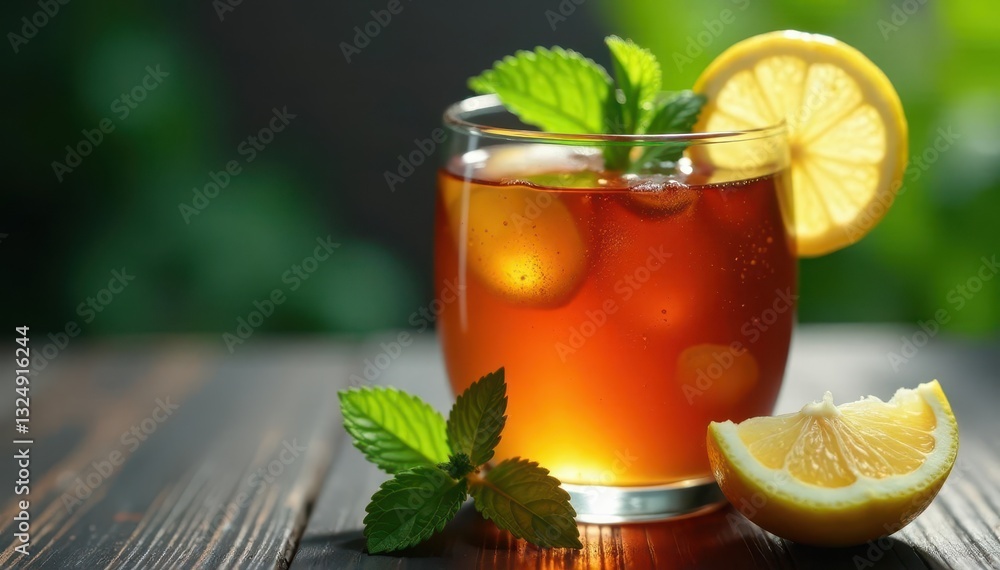 Fototapeta premium Close-up vibrant tea, lemon wedge, mint sprig, macro, relax