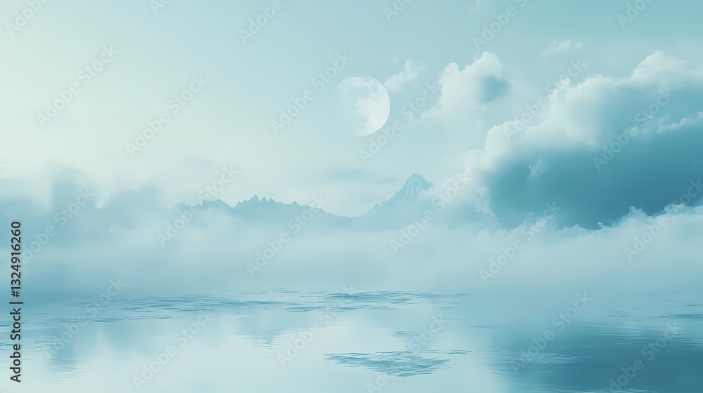 Obraz premium Soft blue vapor drifts across an empty, moonlit lake, dreamlike landscape, foggy night, abstract cloud. Moonlit Vapors. Illustration