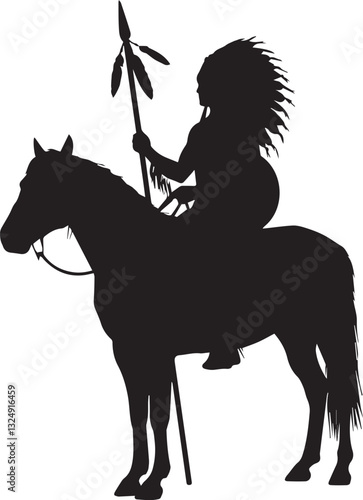 A Proud Native American Warrior Astride His Horse, A Majestic Silhouette Against A Stark Isolated on Transparent Background, Showcasing His Headdress And Weaponry