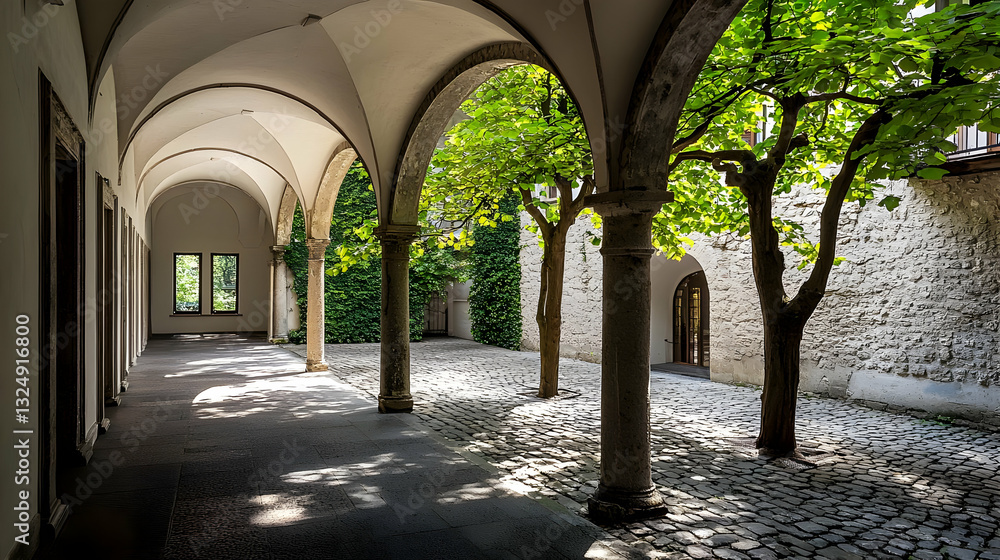 Obraz premium Stone Arched Courtyard with Green Trees and Sunlight in Italy