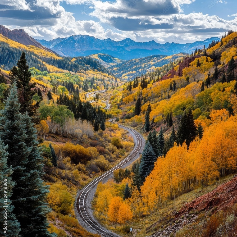 Fototapeta premium Picturesque train ride amidst nature's beauty.