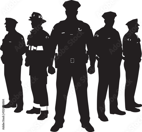 A United Front Of Brave First Responders Standing Strong Together, A Symbol Of Unwavering Service And Protection, Depicted In Bold Silhouette Against A Stark Isolated on Transparent Background