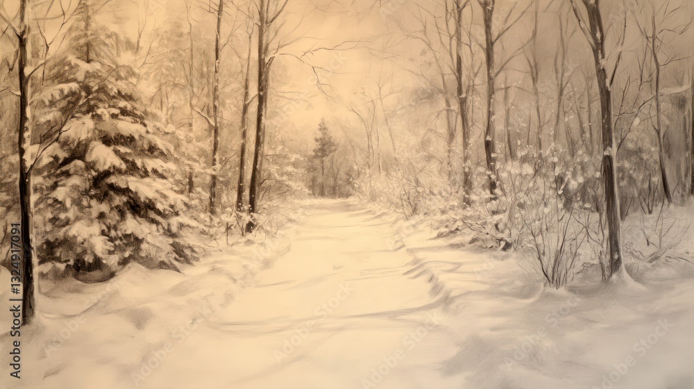 A snowy forest path framed with trees and covered in snow A snowy forest path framed with trees and covered in snow
