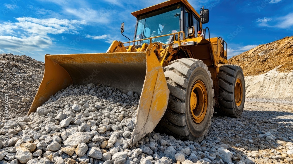 Fototapeta premium Enormous industrial wheel loader scooping up gravel from a quarry, its bucket fully loaded.