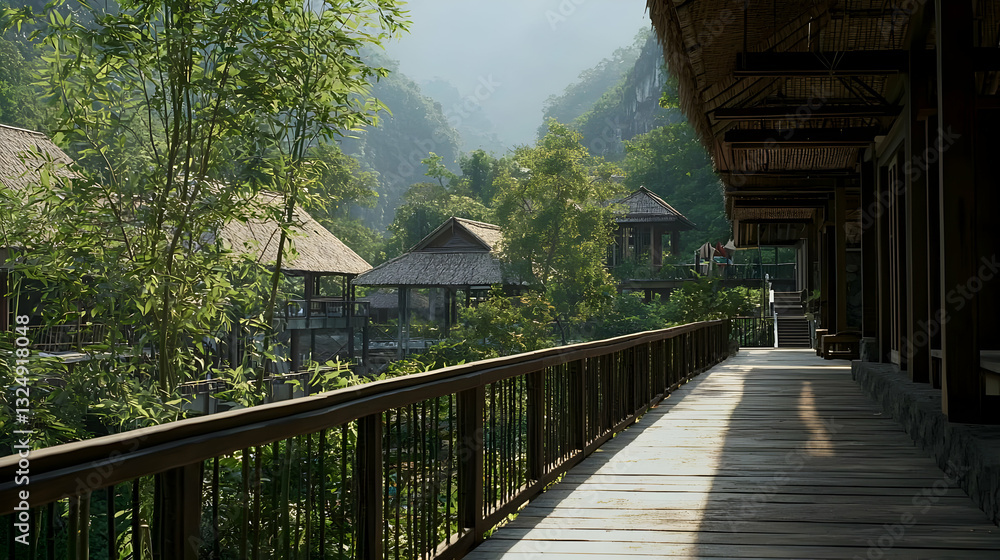 Wooden Balcony Overlooking Lush Green Landscape with Trees Mountains and Sunlight in Daylight Wooden Balcony Overlooking Lush Green Landscape with Trees Mountains and Sunlight in Daylight