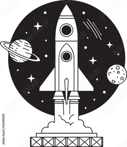 A Rocket Bravely Launching Into A Starlit Cosmos, Embarking On A Thrilling Interstellar Journey Against A Stark Black Backdrop With Minimalist Line Art Isolated on Transparent Background