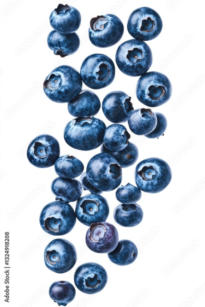 Fresh Blueberries in Flight: Isolated Berries Cascading Against a Clean White Backdrop Fresh Blueberries in Flight: Isolated Berries Cascading Against a Clean White Backdrop