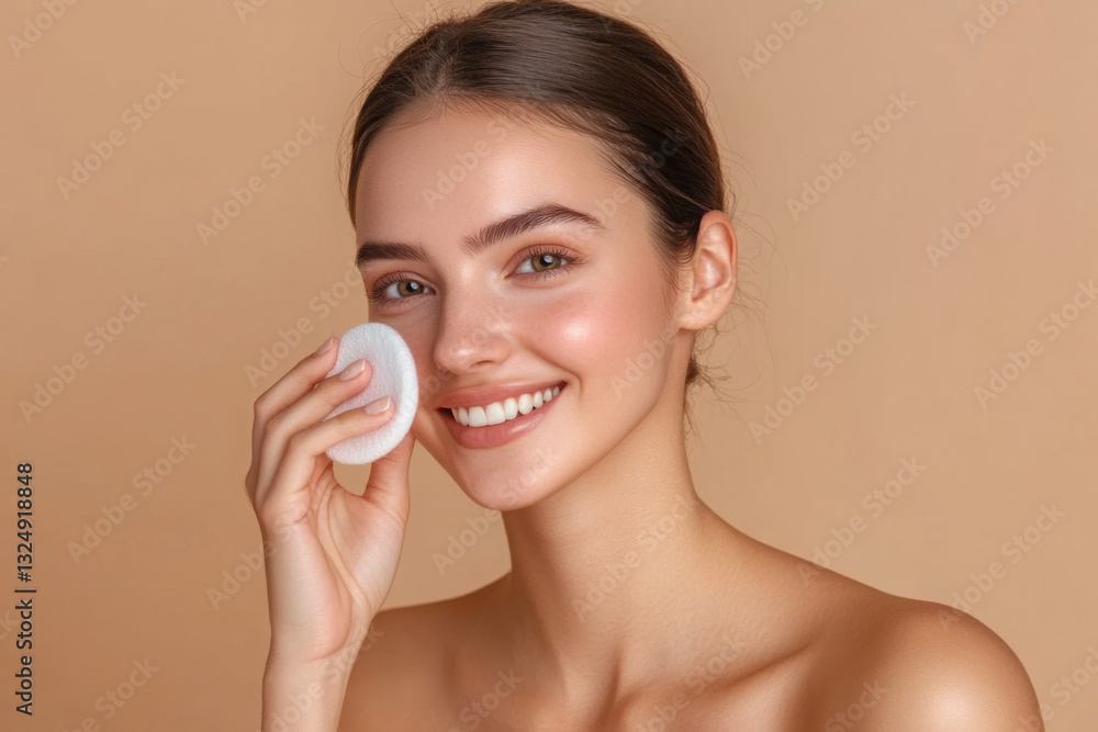 Beautiful young woman with cotton pad removing makeup. Skin care. Studio portrait of girl cleaning her face with cotton pad, isolated beige background. Face toner and cotton pad. Beautiful young woman with cotton pad removing makeup. Skin care. Studio portrait of girl cleaning her face with cotton pad, isolated beige background. Face toner and cotton pad.