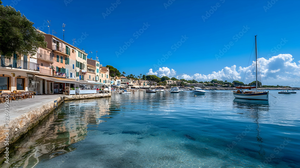 Fototapeta premium Picturesque Mediterranean Coastal Town with Turquoise Water and Sailboats on a Sunny Day in Mallorca