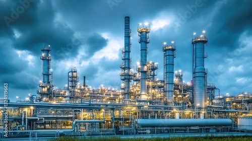 Wallpaper Mural Gigantic oil refinery with towering distillation columns and intricate piping system under a moody cloudy sky. Torontodigital.ca