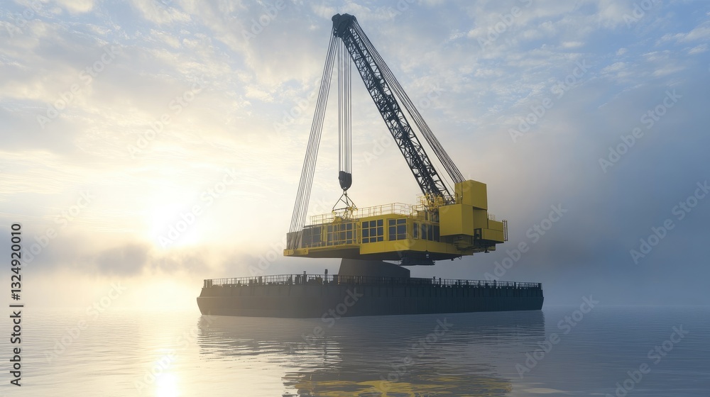 Obraz premium Heavy-duty crane barge floating on water, lifting a massive steel structure at a port.