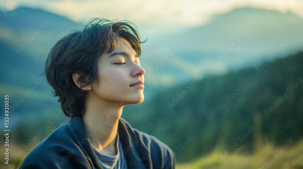 Young person enjoys peaceful moment in nature with mountains in the background during golden hour Young person enjoys peaceful moment in nature with mountains in the background during golden hour