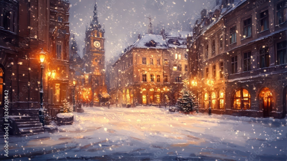 Snowy winter evening scene featuring old buildings and street lights Snowy winter evening scene featuring old buildings and street lights