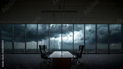 Dark Office Interior With Dramatic Stormy Sky And Lightning Over Cityscape Viewed Through Large Windows