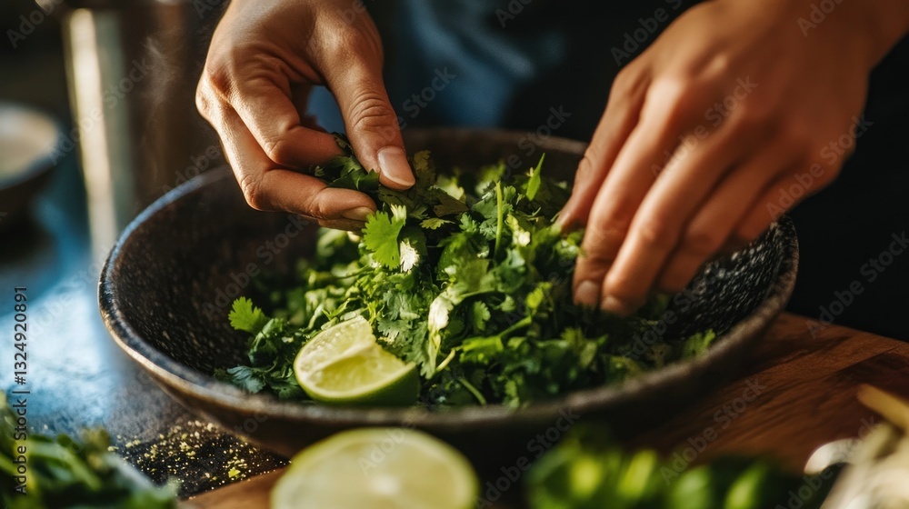 Culinary creation: Adding fresh herbs and lime to elevate dish presentation Culinary creation: Adding fresh herbs and lime to elevate dish presentation