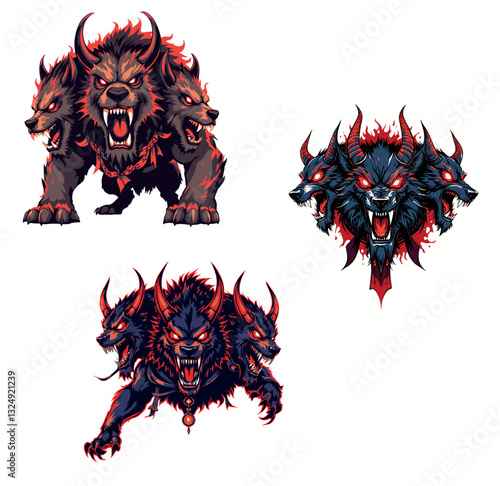Vsai three headed hellhound cerberus guarding the gates of underworld roaring fiercely