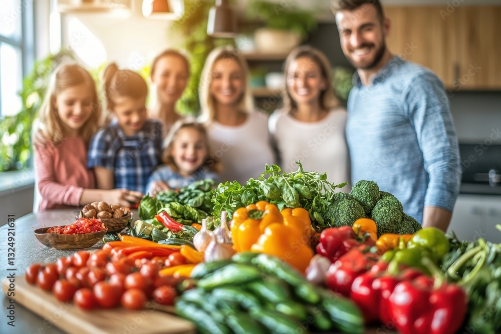 A smiling family surrounded by a colorful array of fresh vegetables in their bright kitchen, promoting healthy eating habits and a vibrant, joyful lifestyle. A smiling family surrounded by a colorful array of fresh vegetables in their bright kitchen, promoting healthy eating habits and a vibrant, joyful lifestyle.