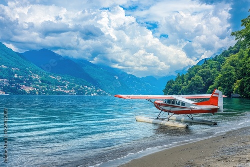 Serene Float Plane Docked at a Tranquil Lake Como Beach with Majestic Alps in Background
