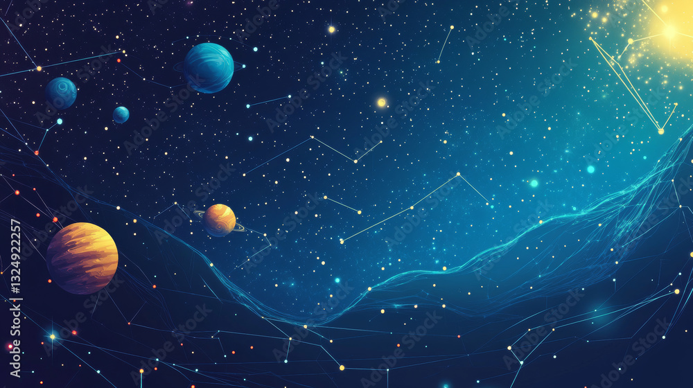 Naklejka premium Abstract image of a pin in the form of a starry sky or space, consisting of points, lines, and shapes in the form of planets, stars and the universe. Vector wireframe concept.
