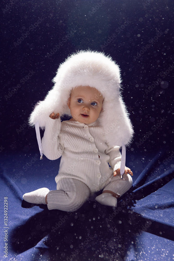 portrait girl child of 8 months is sitting in a fur hat on a blue background and snow is falling.