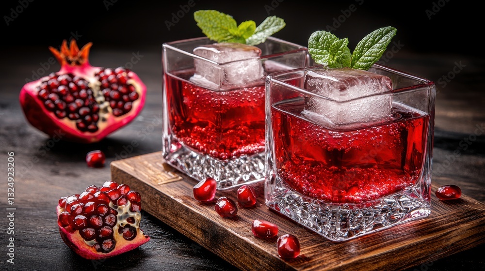 Refreshing pomegranate drinks served with ice and mint garnish. Refreshing pomegranate drinks served with ice and mint garnish.