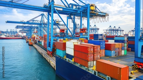 Large cargo crane at a shipping port, unloading containers from a cargo vessel.