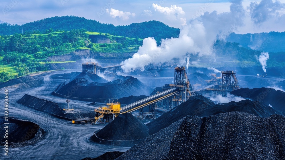 Fototapeta premium Massive industrial conveyor system transporting crushed rock in a mining facility.