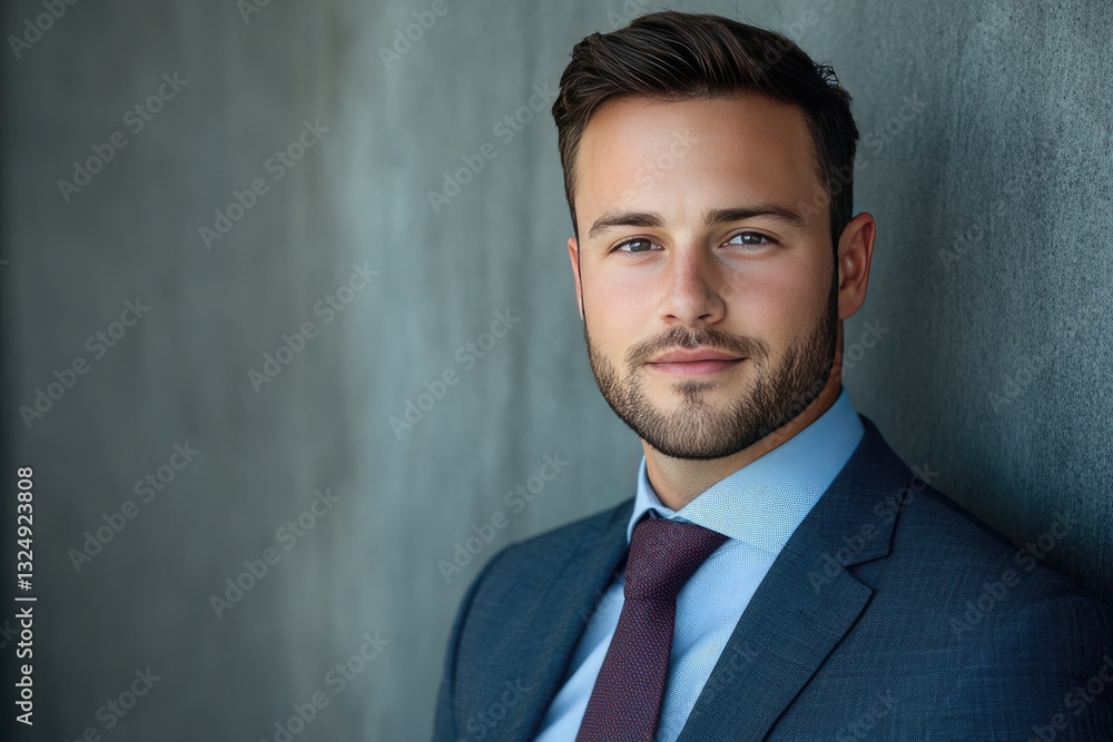 A confident young man stands against a textured wall wearing a tailored suit, exuding professionalism and poise while showcasing a strong and charming presence in a modern setting A confident young man stands against a textured wall wearing a tailored suit, exuding professionalism and poise while showcasing a strong and charming presence in a modern setting